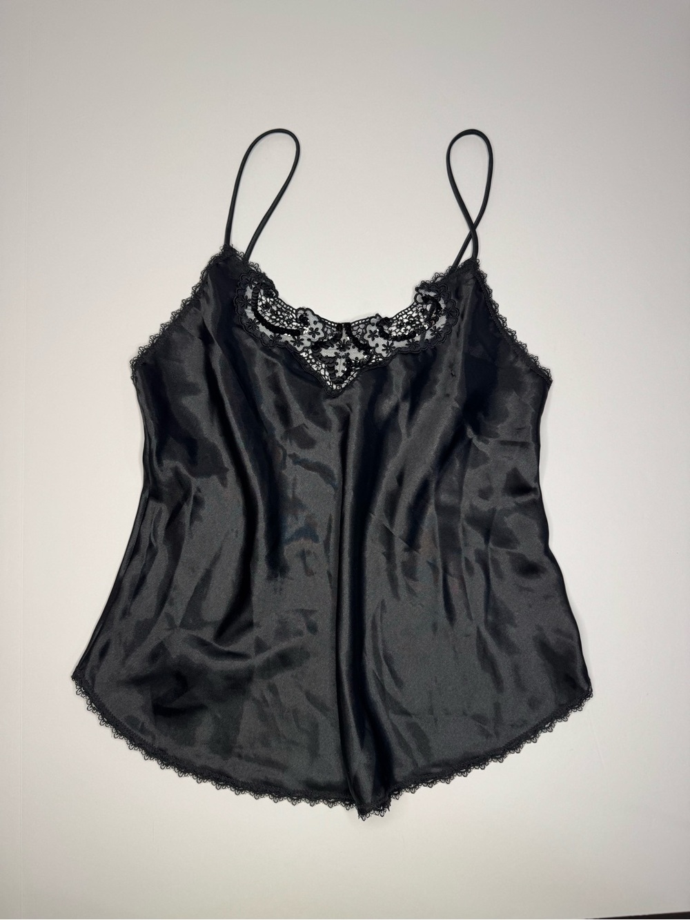 Vintage Indulgence Y2K Black Satin Cami Lace Sequin Trim USA Made Size 34